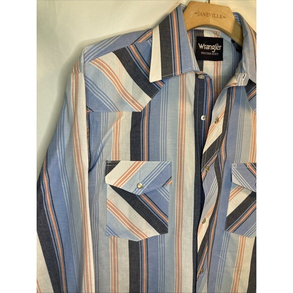 Wrangler Men's Pearl Snap Western Shirt-16x34-Blue-White Striped - Picture 2 of 10